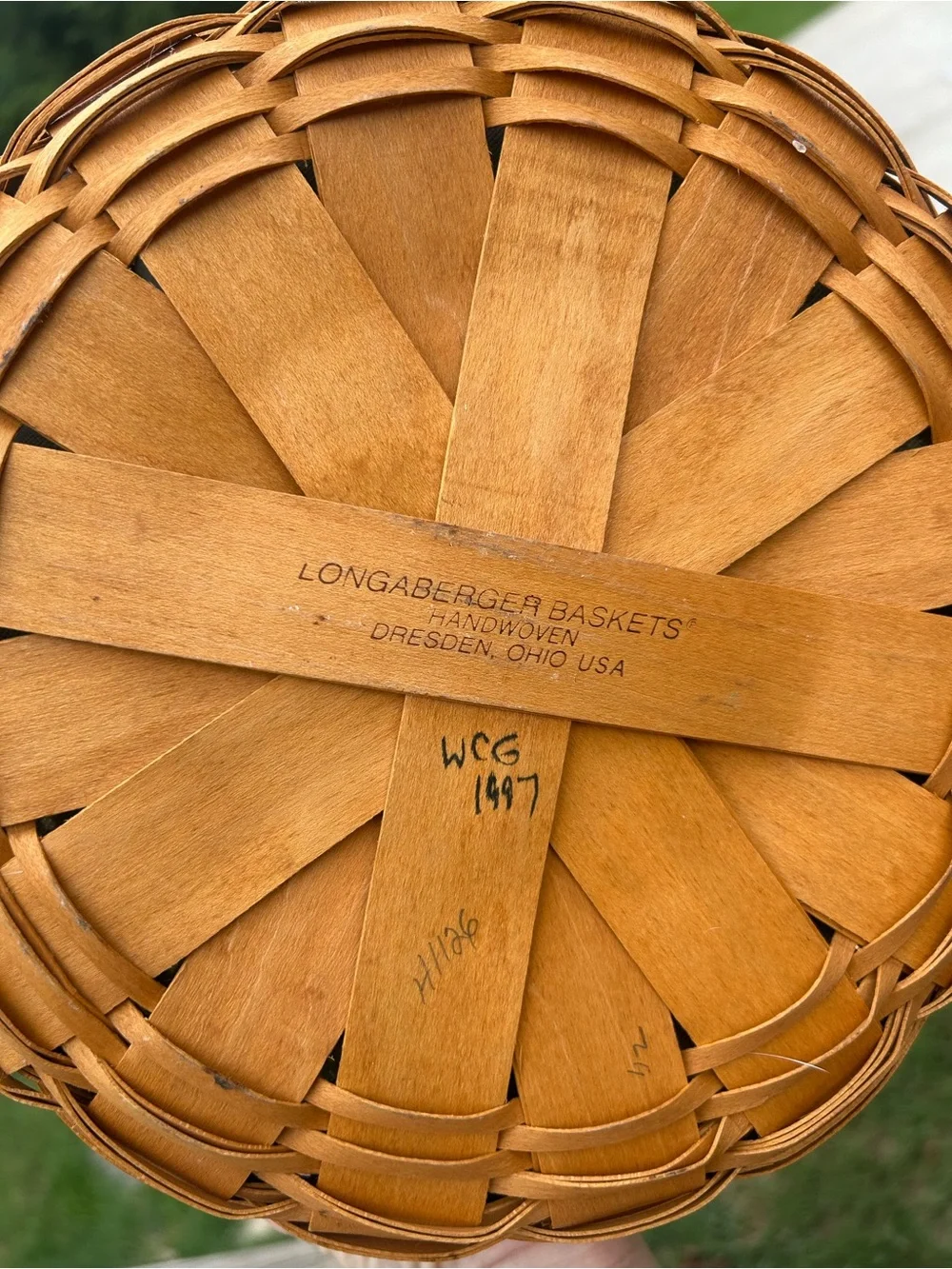 Longaberger Woven Basket with Green Floral Liner and Brown Leather Handles
